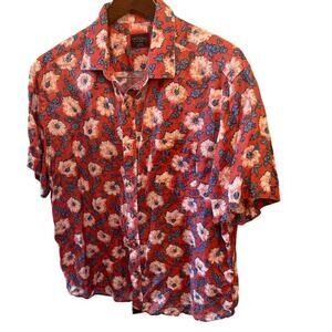 UNTUCKit Red Floral Linen Button Down S/S Shirt Men size XL